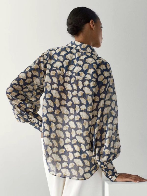 Early Autumn French Minority All-Match Loose Ginkgo Leaf Printing Breasted Loose Shirt