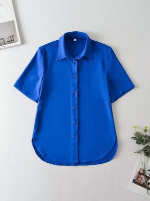 Summer Women Clothing Slit Design Shirt Korean Silk Satin Texture Short Sleeve Polo Collar Top