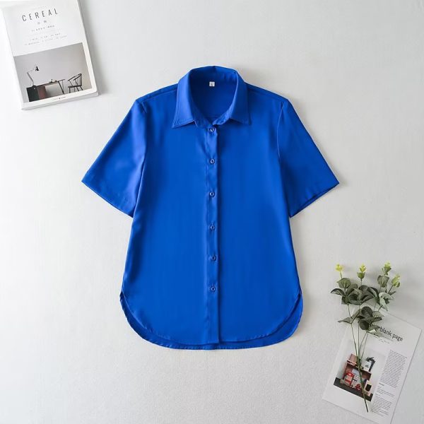 Summer Women Clothing Slit Design Shirt Korean Silk Satin Texture Short Sleeve Polo Collar Top