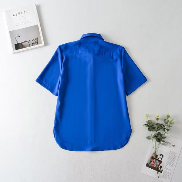 Summer Women Clothing Slit Design Shirt Korean Silk Satin Texture Short Sleeve Polo Collar Top