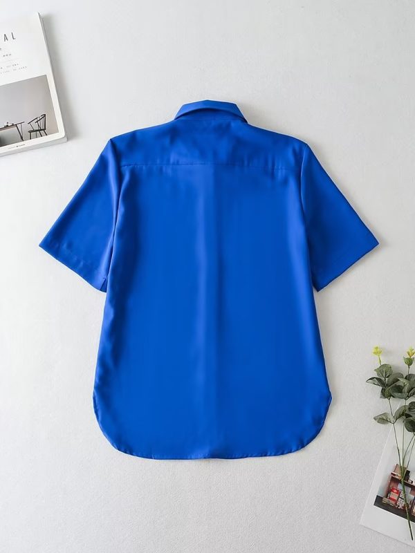 Summer Women Clothing Slit Design Shirt Korean Silk Satin Texture Short Sleeve Polo Collar Top