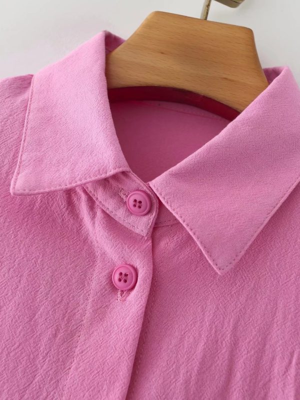 For Polo Collar Solid Color Single-Breasted Lantern Sleeve Cotton Long-Sleeved Shirt For Women