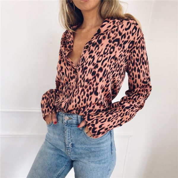 Popular V-neck Long Sleeve Leopard Print Printed Sexy Women  Chiffon Shirt Long Sleeve