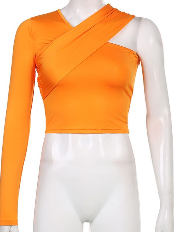 V Neck One-shoulder Soild Women's T-shirts Slim Female Streetwear Crop Tops Autumn All-match Vinatge Tees