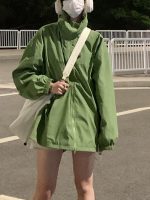 acket with Hooded Women Pure Color Zipper Loose Windbreaker Korean