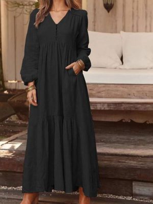 Autumn-Cotton-Long-Dress-Women-Retro-Solid-Color-Maxi-Dress-Lantern-Sleeve-with-Pocket-Pleated-Casual-1