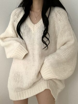 Autumn-Winter-Knitted-Sweaters-Women-Oversized-Simple-Loose-V-neck-Pullovers-Korean-Fashion-Solid-Jumpers-Tops-1