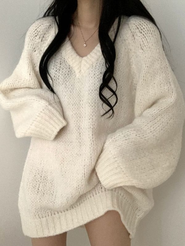 Autumn Winter Knitted Sweaters Women Oversized Simple Loose V-neck Pullovers