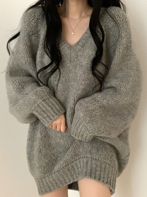 Autumn Winter Knitted Sweaters Women Oversized Simple Loose V-neck Pullovers