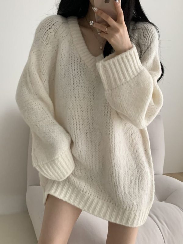 Autumn Winter Knitted Sweaters Women Oversized Simple Loose V-neck Pullovers