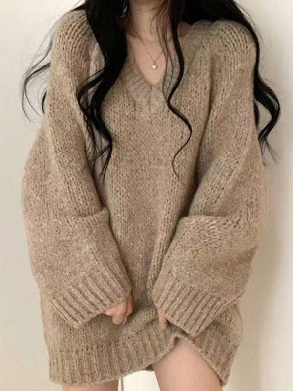 Autumn Winter Knitted Sweaters Women Oversized Simple Loose V-neck Pullovers