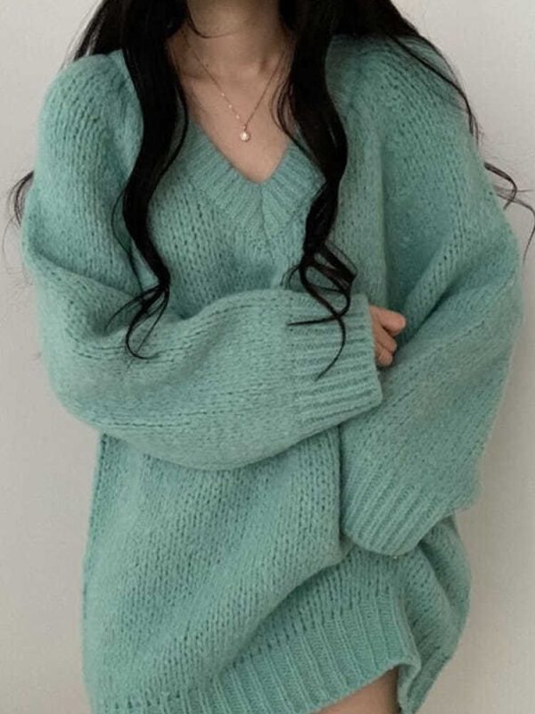 Autumn Winter Knitted Sweaters Women Oversized Simple Loose V-neck Pullovers