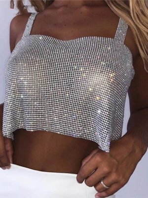 Women Bling Rhinestones Party Crop Top 2023 Fashion Solid Backless Straps Full Diamonds