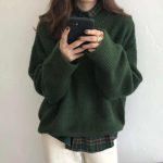 Winter Women Knitted Sweaters Solid Dark Green Long Sleeve Top Soft Warm Pullovers