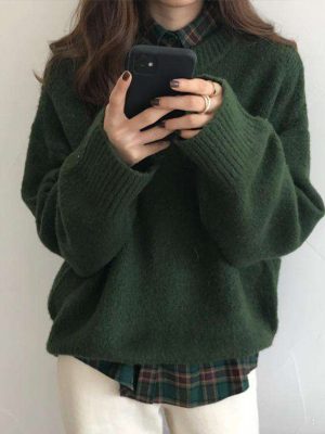 Winter Women Knitted Sweaters Solid Dark Green Long Sleeve Top Soft Warm Pullovers