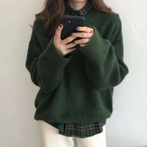 Winter Women Knitted Sweaters Solid Dark Green Long Sleeve Top Soft Warm Pullovers