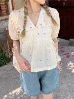 Kawaii Blouses Women Cute Chic Korean Fashion Loose V-Neck Puff Sleeve Casual Shirt