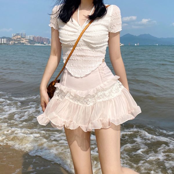 Kawaii Cute Ruffle Skirt Women Pink Sweet High Waist Lace Patchwork Mesh A-line Mini Skirt