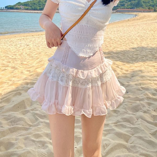 Kawaii Cute Ruffle Skirt Women Pink Sweet High Waist Lace Patchwork Mesh A-line Mini Skirt