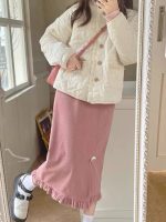 Kawaii Pink Corduroy Long Skirt Women Japanese Fashion Cute High Waist Split Bow Straight Midi Skirt