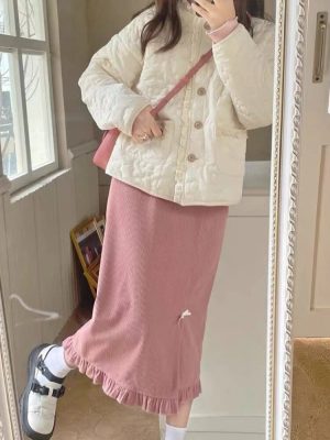HOUZHOU-Kawaii-Pink-Corduroy-Long-Skirt-Women-Japanese-Fashion-Cute-High-Waist-Split-Bow-Straight-Midi-1