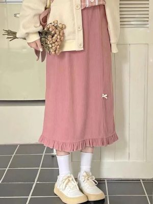Kawaii Pink Corduroy Long Skirt Women Japanese Fashion Cute High Waist Split Bow Straight Midi Skirt