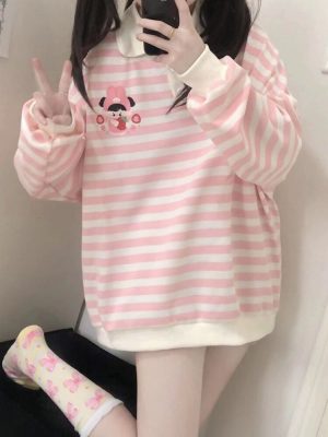 HOUZHOU-Kawaii-Pink-Striped-Sweatshirt-Woman-Japanese-Cute-Cartoon-Print-Autumn-Winter-Polo-Collar-Hoodies-Soft-1