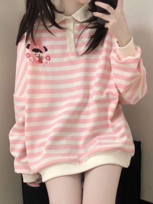 Kawaii Pink Striped Sweatshirt Woman Japanese Cute Cartoon Print