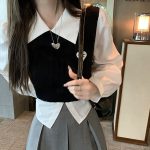 Knitted Patchwork Blouses Women Korean Fashion Cute Preppy Style Long Sleeve Shirt Fake Two Piece School Girl Crop Tops
