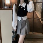 Knitted Patchwork Blouses Women Korean Fashion Cute Preppy Style Long Sleeve Shirt Fake Two Piece School Girl Crop Tops
