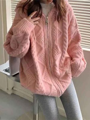 HOUZHOU-Korean-Fashion-Knit-Cardigan-Women-2022-Autumn-Winter-Casual-Loose-Zipper-Hooded-Thick-Sweater-Coat-1