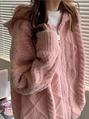 Korean Fashion Knit Cardigan Women Autumn Winter Casual Loose Zipper Hooded