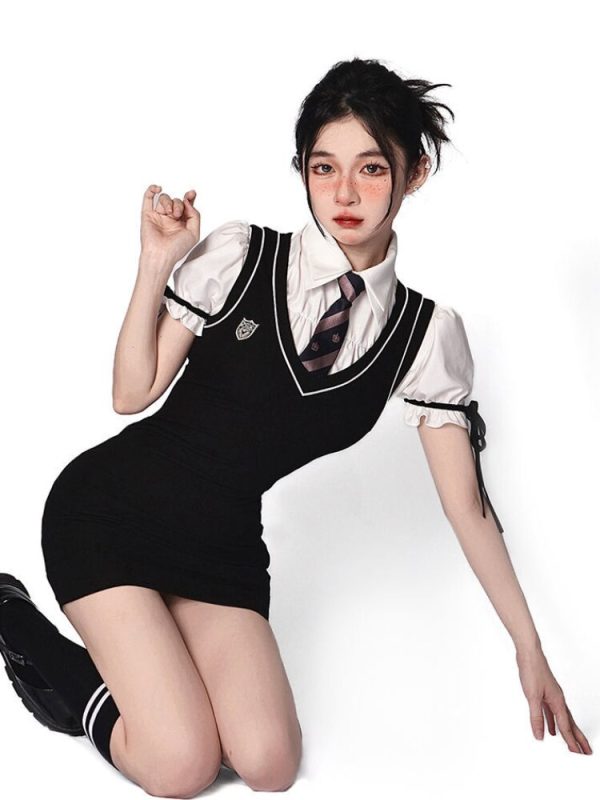 Preppy Style Vest Dress Women Two Piece Set Cute Sexy Korean Puff Sleeve Shirt Black Slim Mini Dress