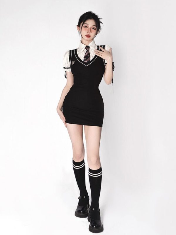 Preppy Style Vest Dress Women Two Piece Set Cute Sexy Korean Puff Sleeve Shirt Black Slim Mini Dress