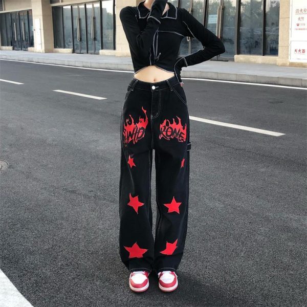 New Flame Star Print Women Jeans High Street Retro Hip Hop Style Baggy