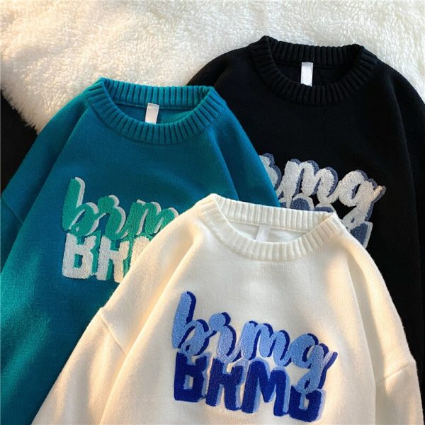 New Letter Printing Sweater Women Oversized Sweater Loose Knitted Pullover White Casual Couple O Neck Casual Y2K Sweater