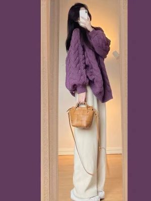 New-Solid-Color-Oversized-Sweater-Fashion-Purple-O-neck-Knitted-Sweater-Women-Korean-Style-Casual-Simple-1