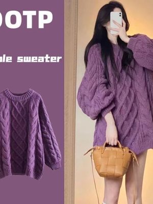 New Solid Color Oversized Sweater Fashion Purple O-neck Knitted Sweater
