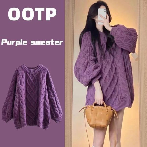 New Solid Color Oversized Sweater Fashion Purple O-neck Knitted Sweater