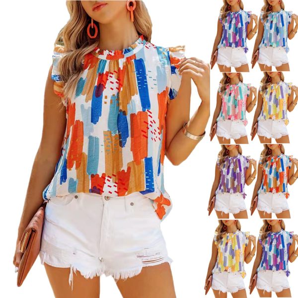 Summer Women Loose Sleeveless Top Color Printed Chiffon Shirt