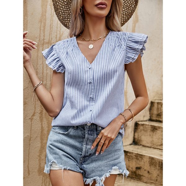 Eaby Shopee Casual Shirt Striped V neck Short Sleeve Five Button Shirt