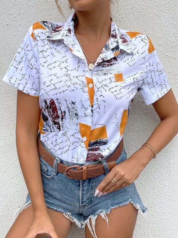 Women Clothing Summer Graphic Printing Collared Cardigan Casual Short Sleeve Shirt