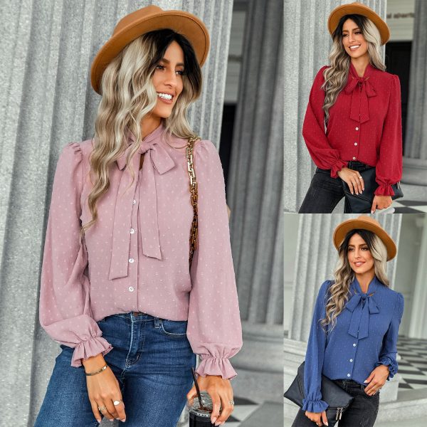 Autumn Winter Bow Tie Top Women Elegant Slim Fit Business Shirt