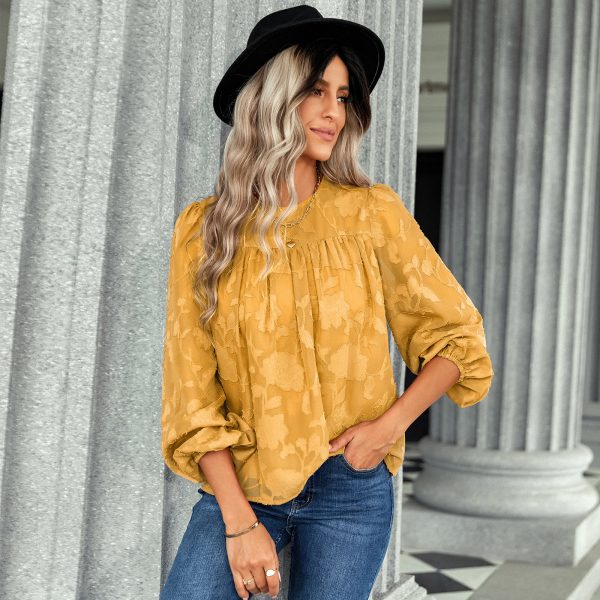 Autumn Winter Jacquard round Neck Top Women Women Clothing Loose Chiffon Shirt