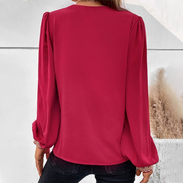 Women Clothing Red Stitching Lace Edge Long Sleeve V neck Shirt Women Top