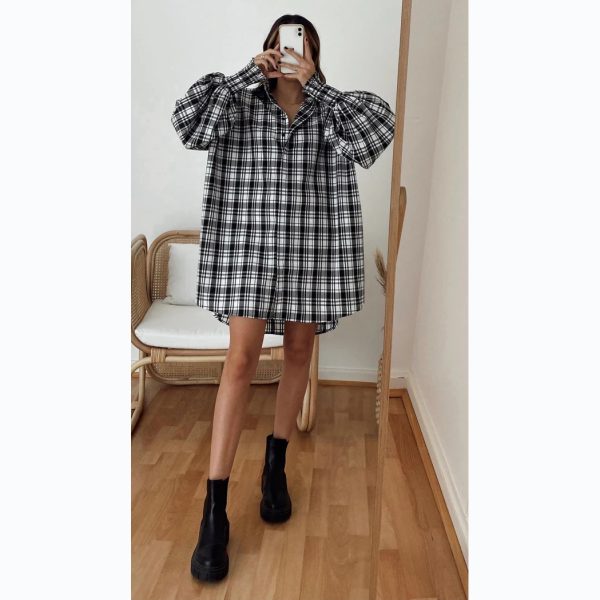 Street Autumn Winter Puff Sleeve Houndstooth Shirt