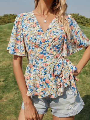 Summer V neck One Piece Waist Trimming Ruffles Top