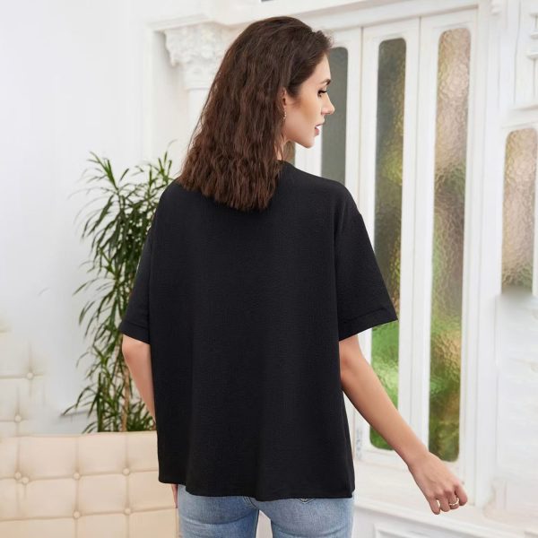 Spring Summer Women Clothing Solid Color Casual Loose V Neck Short Sleeve Shirt