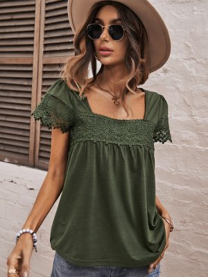 Casual French Square Collar Top Summer Short Sleeve Lace Stitching Women Clothing