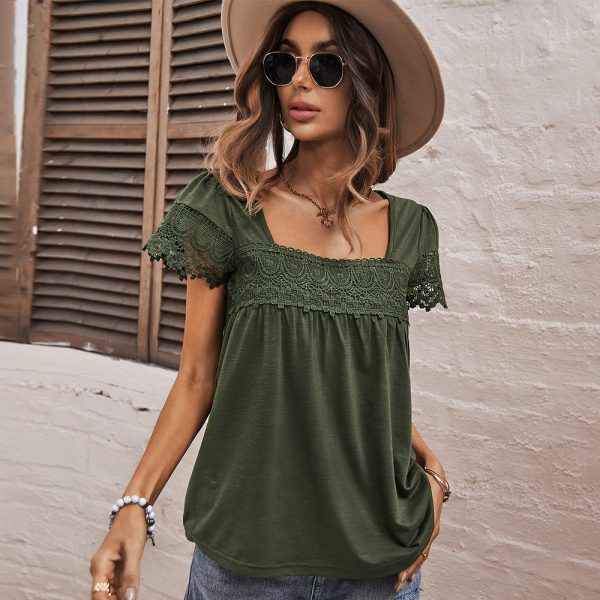 Casual French Square Collar Top Summer Short Sleeve Lace Stitching Women Clothing